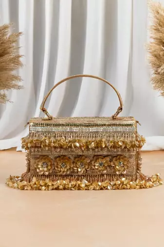 Gold silk floral embroidered clutch