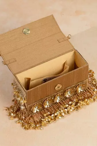 gold silk floral embroidered party clutch for women