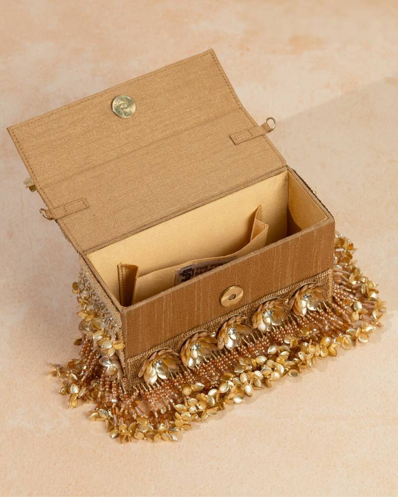 Gold silk floral embroidered clutch