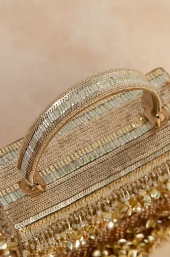 gold silk floral embroidered party clutch for women