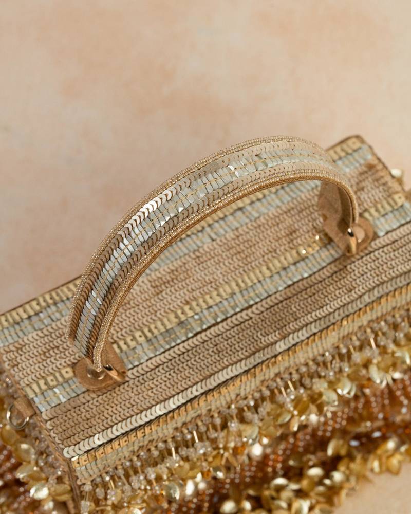 Gold silk floral embroidered clutch