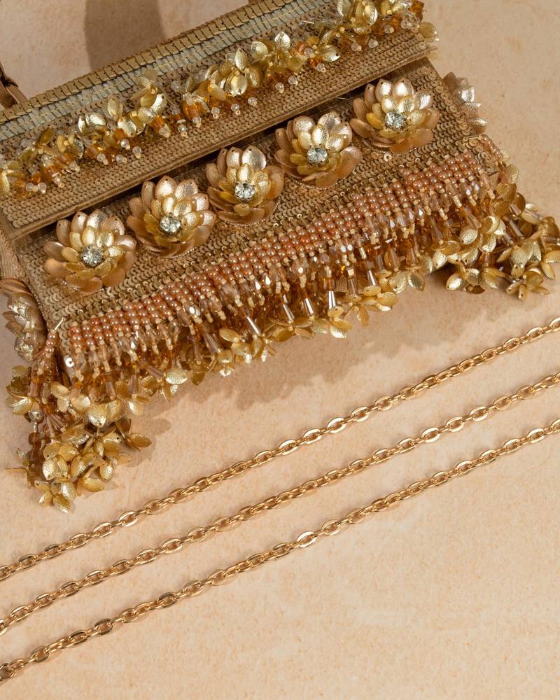 Gold silk floral embroidered clutch