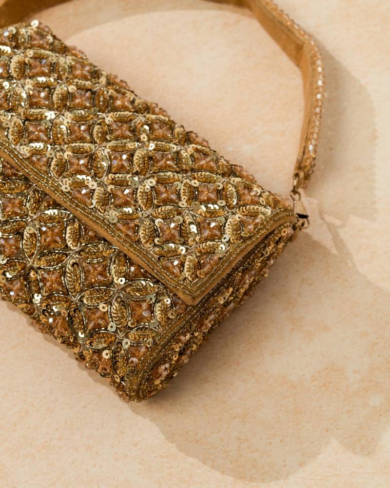 Gold silk sequin embroidered clutch