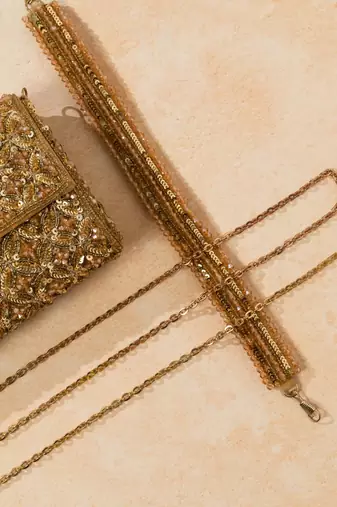 gold textured sequin embroidered silk clutch