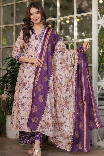 Cream pure cotton print with thread embroidered kurta pant set