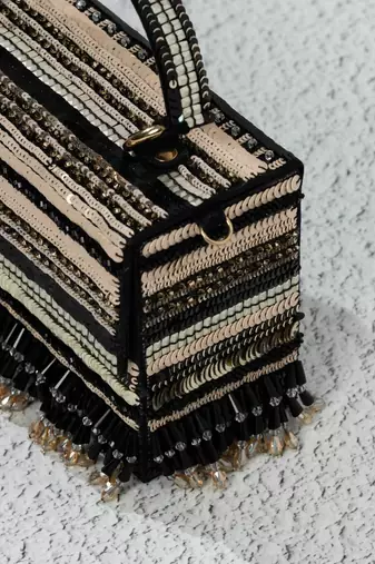 black striped sequin embroidered box clutch