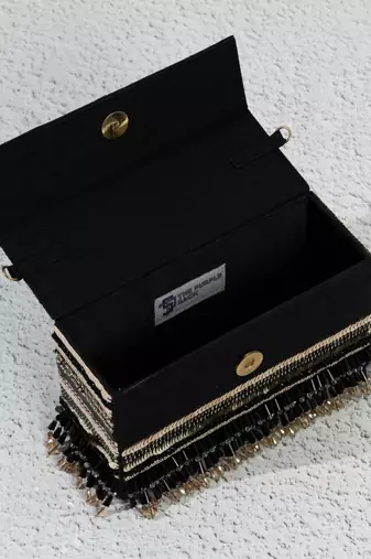 black striped sequin embroidered box clutch