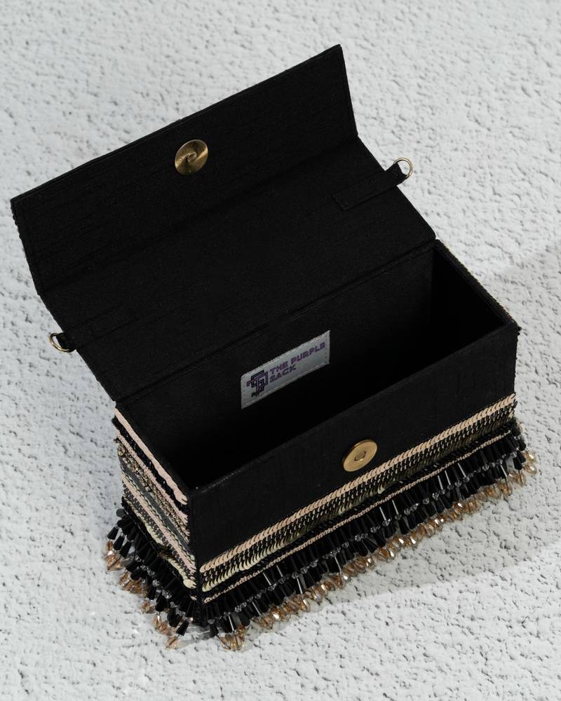 Black silk sequin embroidered clutch