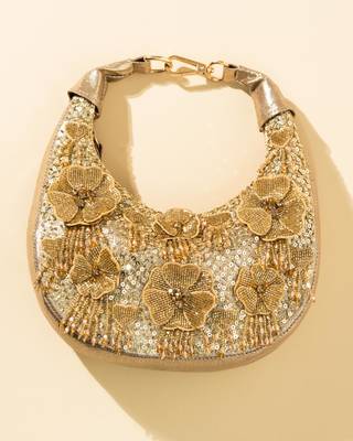 gold floral embellished leather clutch with sequins 1