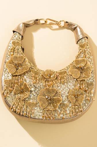 Gold leather floral embroidered clutch