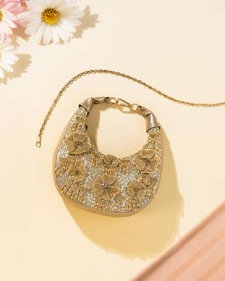 gold floral embellished leather clutch with sequins 2