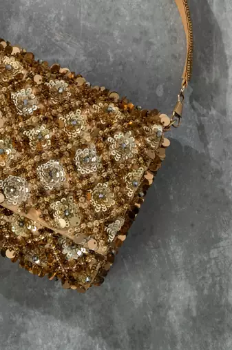 gold sequin embroidered silk clutch with handle