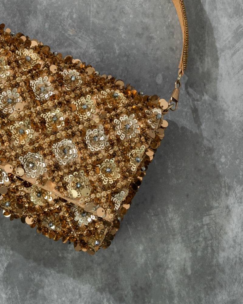 Gold silk sequin embroidered clutch