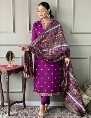 Purple viscose chanderi heavy thread embroidered work kurta pant set 1