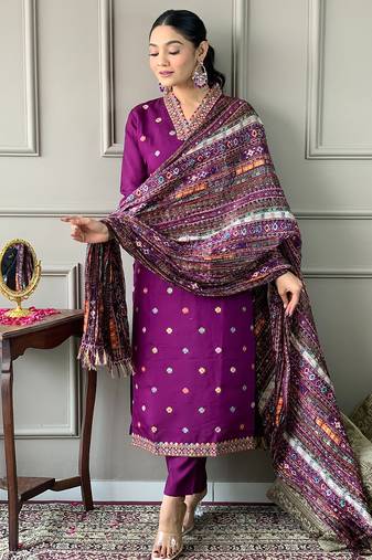 Purple viscose chanderi heavy thread embroidered work kurta pant set