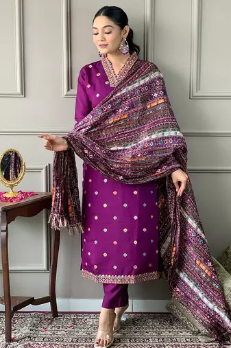 Purple viscose chanderi heavy thread embroidered work kurta pant set