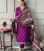 Purple viscose chanderi heavy thread embroidered work kurta pant set
