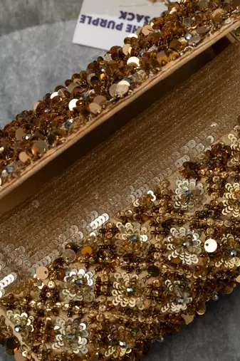 gold sequin embroidered silk clutch with handle