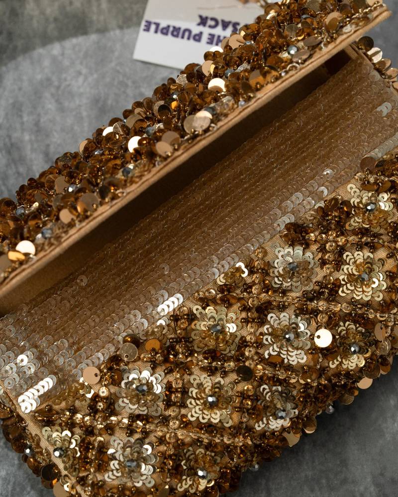 Gold silk sequin embroidered clutch