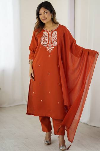 Rust chanderi silk thread embroidered with sequins work kurta pant set