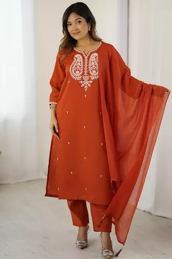 Rust chanderi silk thread embroidered with sequins work kurta pant set