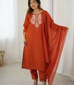 Rust chanderi silk thread embroidered with sequins work kurta pant set
