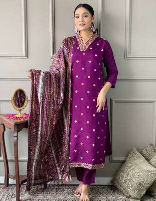 Purple viscose chanderi heavy thread embroidered work kurta pant set 2