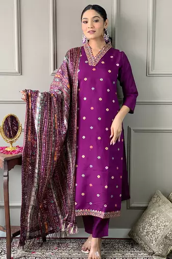 Purple viscose chanderi heavy thread embroidered work kurta pant set