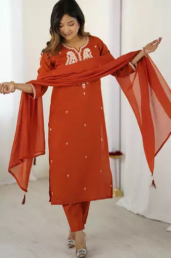 Rust chanderi silk thread embroidered with sequins work kurta pant set