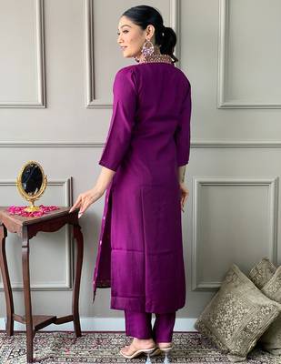 Purple viscose chanderi heavy thread embroidered work kurta pant set 3