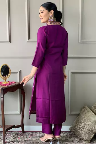 Purple viscose chanderi heavy thread embroidered work kurta pant set