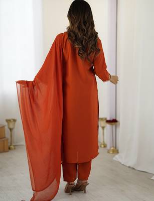 Rust chanderi silk thread embroidered with sequins work kurta pant set 3