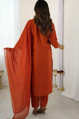 Rust chanderi silk thread embroidered with sequins work kurta pant set