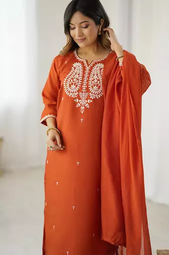 Rust chanderi silk thread embroidered with sequins work kurta pant set