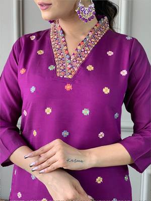 Purple viscose chanderi heavy thread embroidered work kurta pant set 4