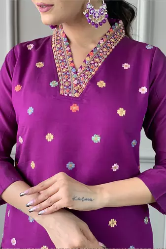 Purple viscose chanderi heavy thread embroidered work kurta pant set