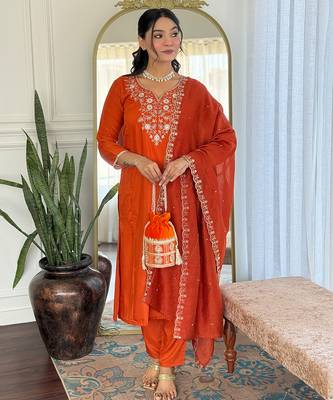 Rust viscose chanderi heavy thread embroidered work kurta pant set 1