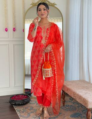 Red french crepe print with thread embroidered kurta pant set 1