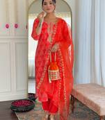 Red french crepe print with thread embroidered kurta pant set