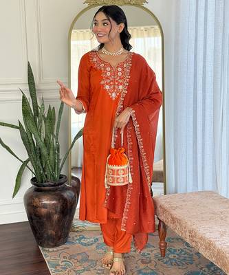 Rust viscose chanderi heavy thread embroidered work kurta pant set 2