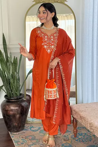 Rust viscose chanderi heavy thread embroidered work kurta pant set