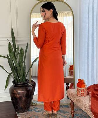 Rust viscose chanderi heavy thread embroidered work kurta pant set 3