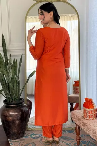 Rust viscose chanderi heavy thread embroidered work kurta pant set
