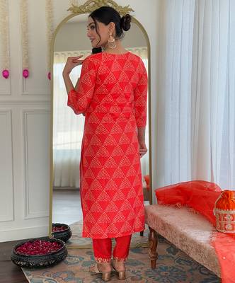 Red french crepe print with thread embroidered kurta pant set 3