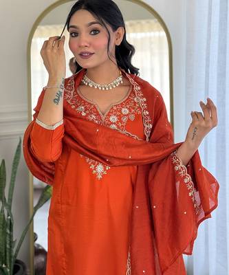 Rust viscose chanderi heavy thread embroidered work kurta pant set 4