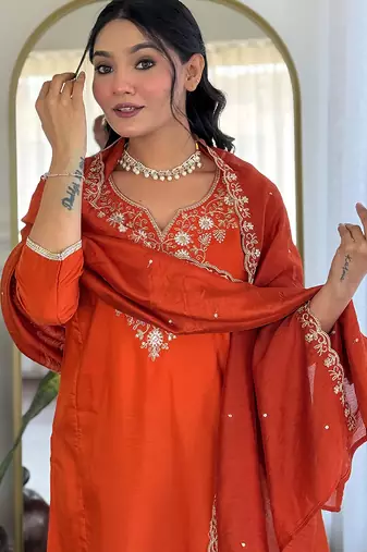 Rust viscose chanderi heavy thread embroidered work kurta pant set