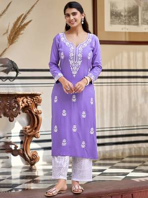 Lavender pure rayon heavy thread embroidered work kurta pant set 1