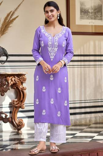Lavender pure rayon heavy thread embroidered work kurta pant set