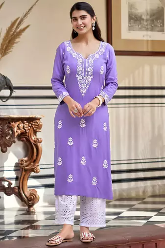 Lavender pure rayon heavy thread embroidered work kurta pant set