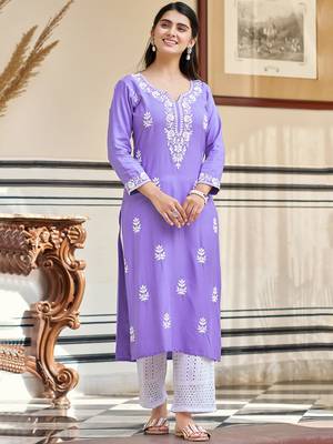 Lavender pure rayon heavy thread embroidered work kurta pant set 2
